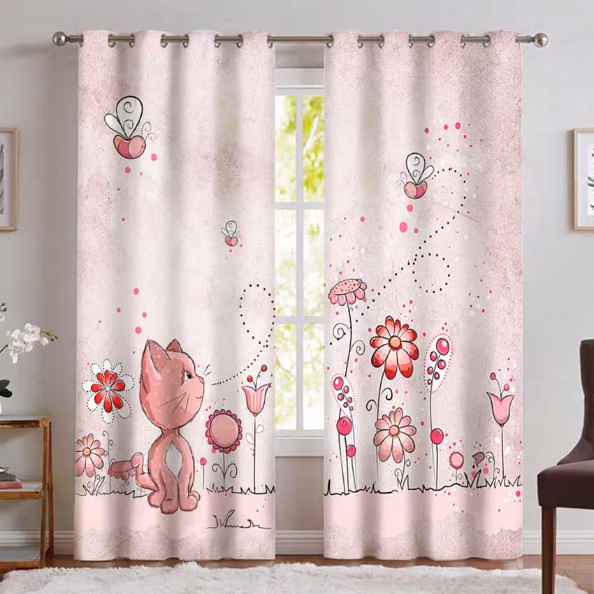 پرده پانچی عروسکی طرح گربه ملوس صورتی با گل های زیبا CS-1031