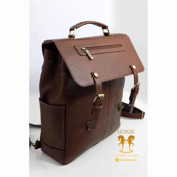 کیف اسپرت چند کاره دستی کوله پشتی و اداری دوشی چرم درجه یک گاوی قهوه ای 