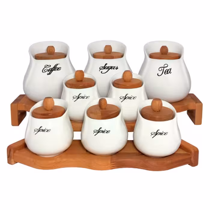 ست جا ادویه 8 پارچه سرامیکی مدل یقه دار سفید