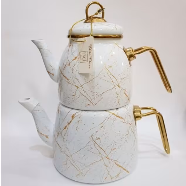 ست کتری قوری پاچی جنس لعابی وارداتی ترکیه تک درب   رنگ کرمی