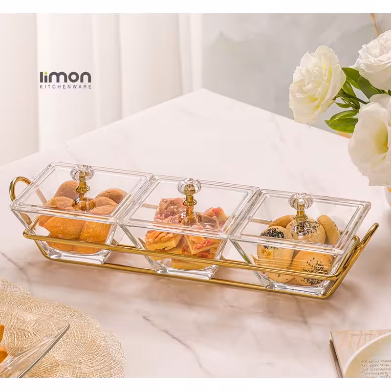 اردو خوری شیشه ای مربع 3 خانه لیمون مدل 2107