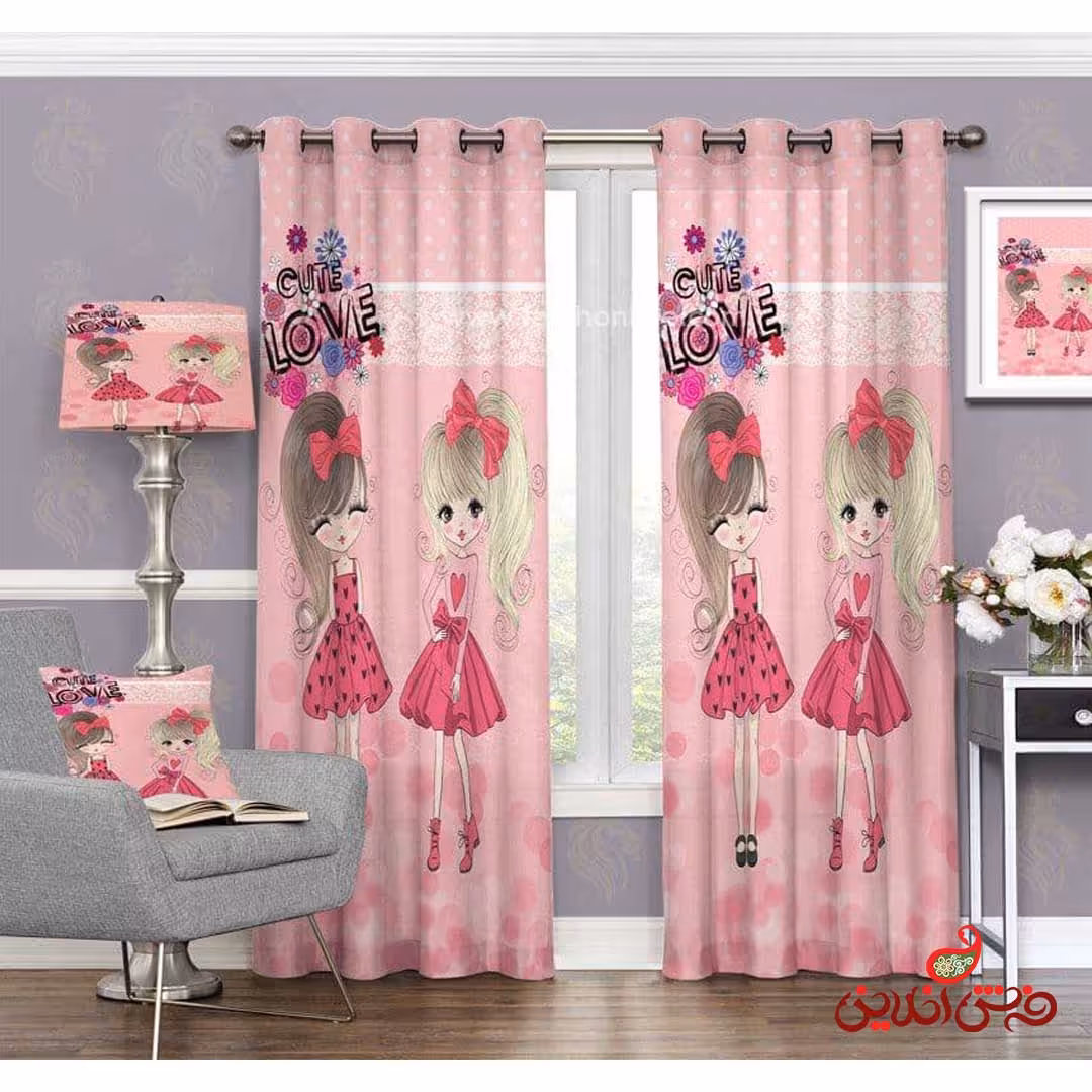 پرده 2عددی کودک طرح دو دختر پیراهن صورتی کد 3110