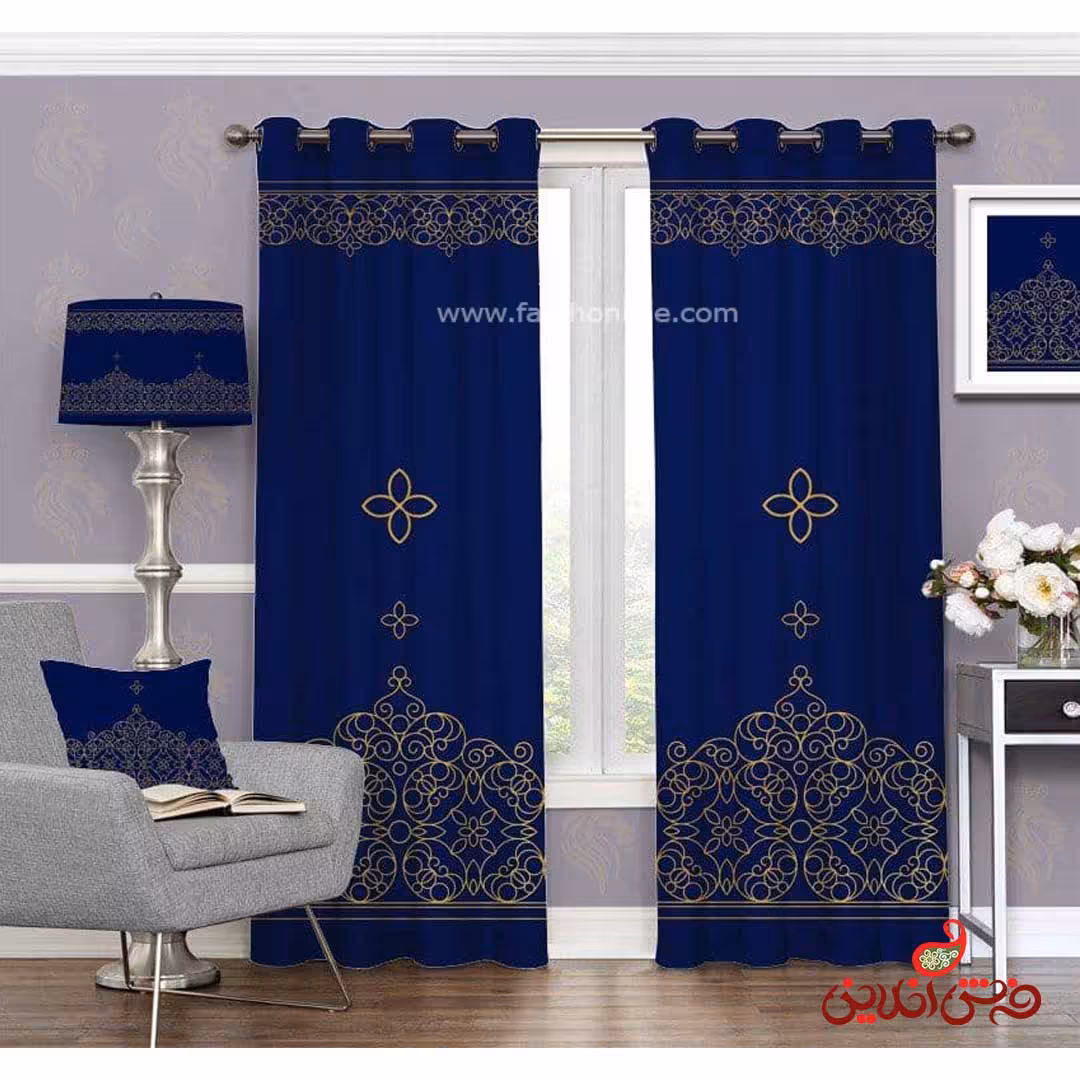 پرده سنتی گل آبی نفتی کد 3307