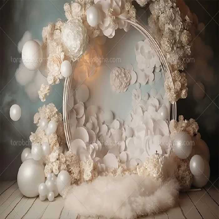 بک دراپ عکاسی عروس و داماد با گل و بادکنک های سفید | گرافیک با طعم تربچه