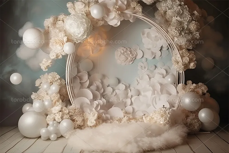 بک دراپ عکاسی عروس و داماد با گل و بادکنک های سفید | گرافیک با طعم تربچه