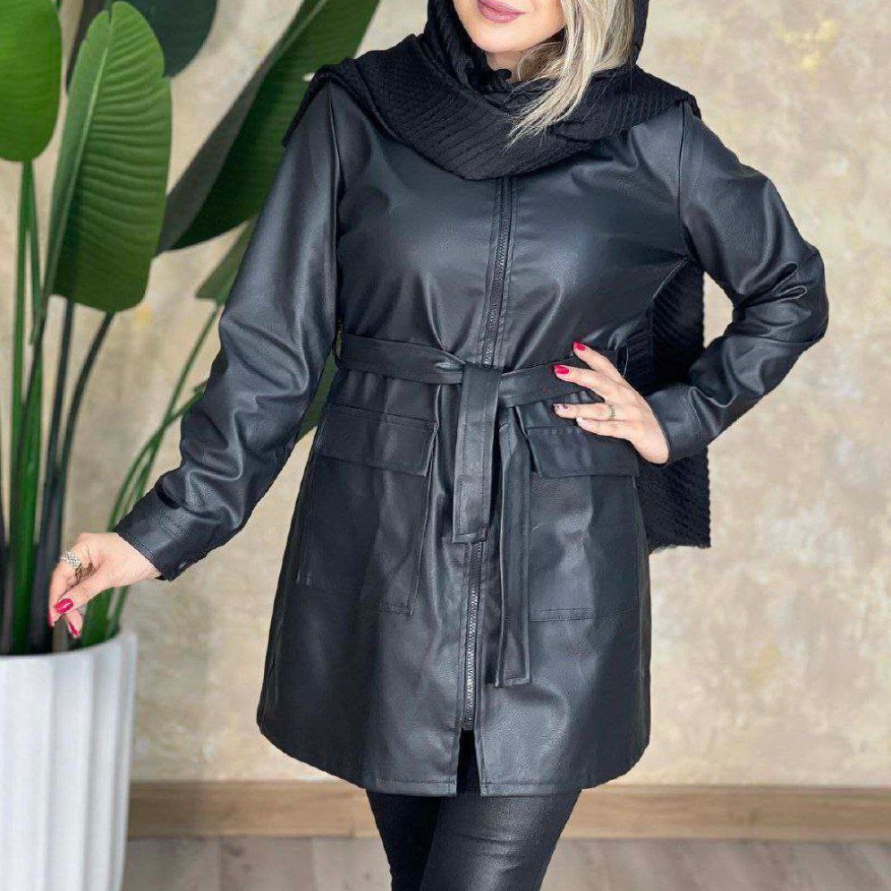 مانتو زنانه چرم مشکی کوتاه فری تا44