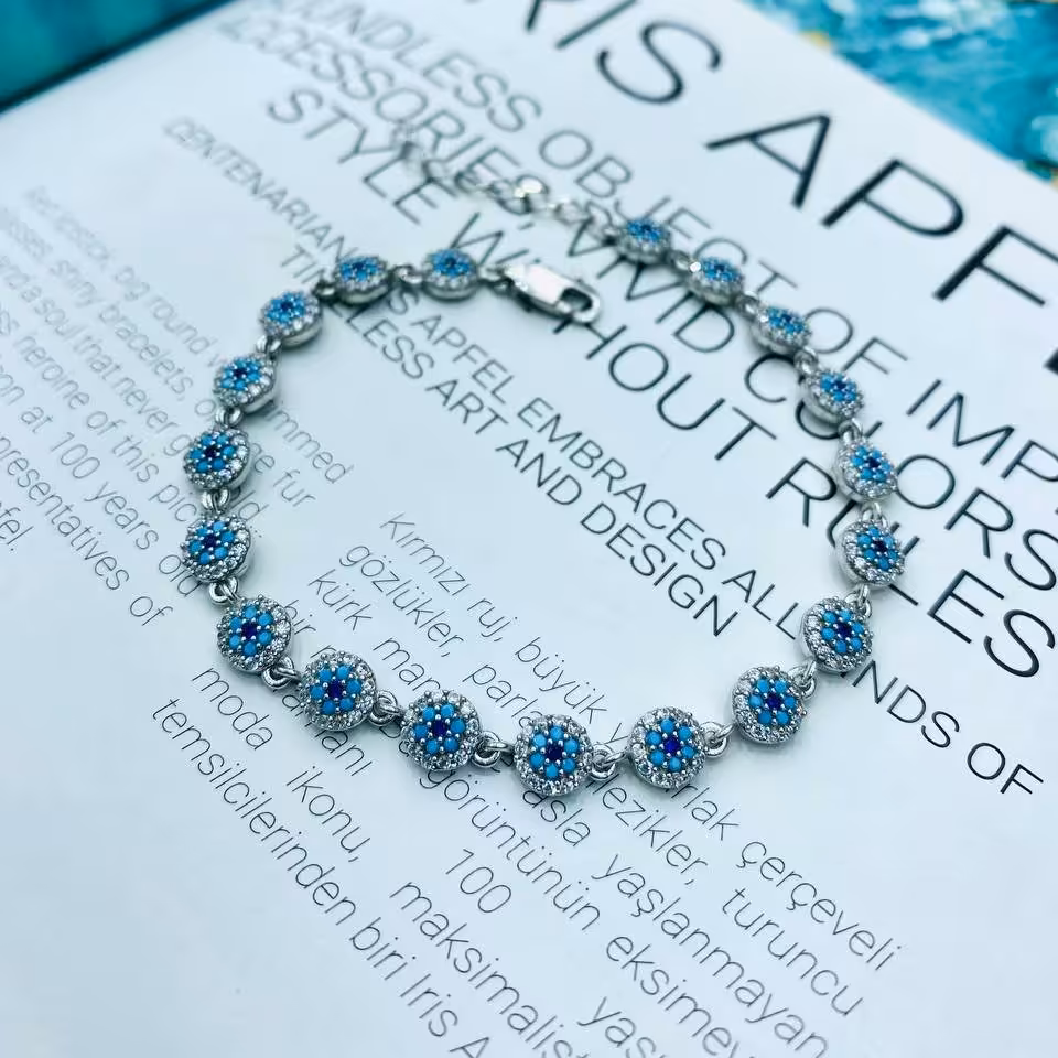 دستبند نقره چشم نظر با آبکاری طلا سفید