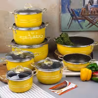 سرویس قابلمه 14 پارچه دسته و قوپه طلایی چدنی  خردلی  ضخامت 2.5  میلی