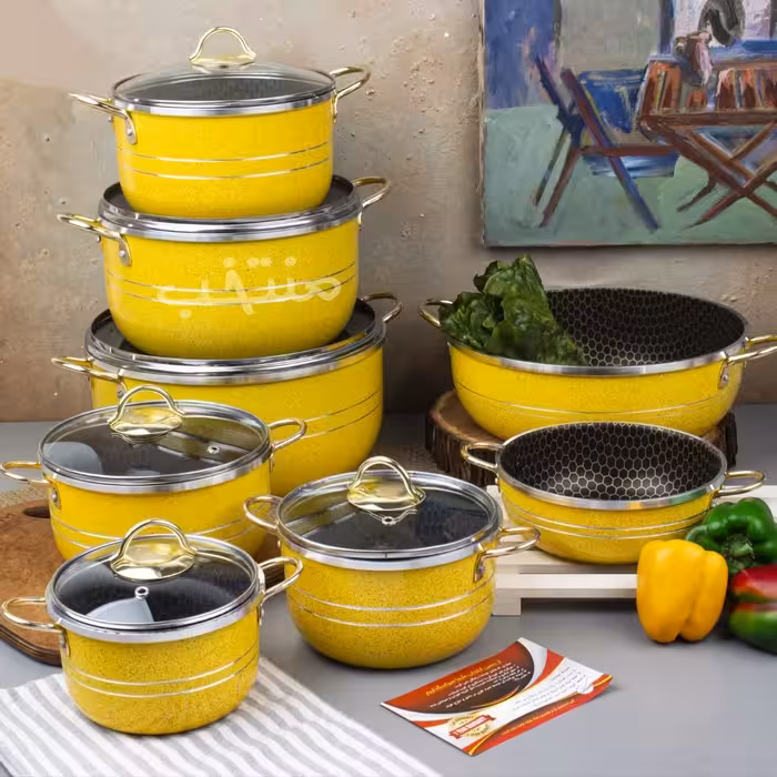 سرویس قابلمه 14 پارچه دسته و قوپه طلایی چدنی  خردلی  ضخامت 2.5  میلی