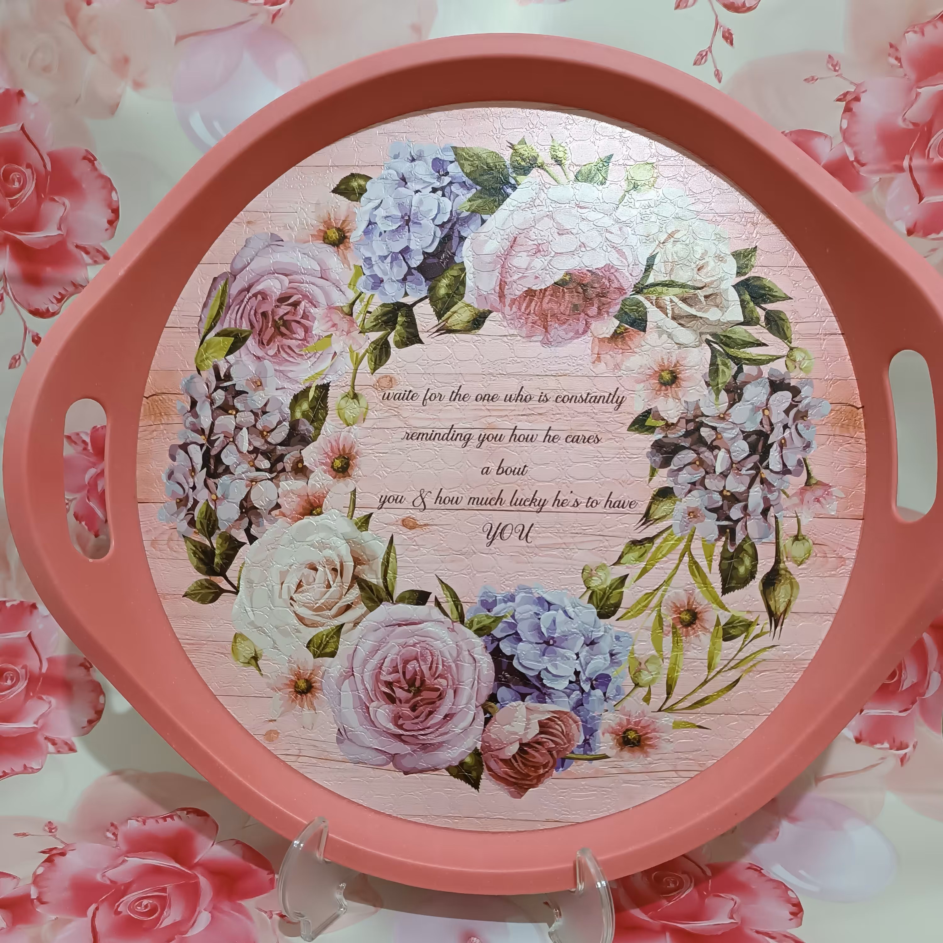 سینی دایره ای دسته دار،رنگ صورتی،قطر43