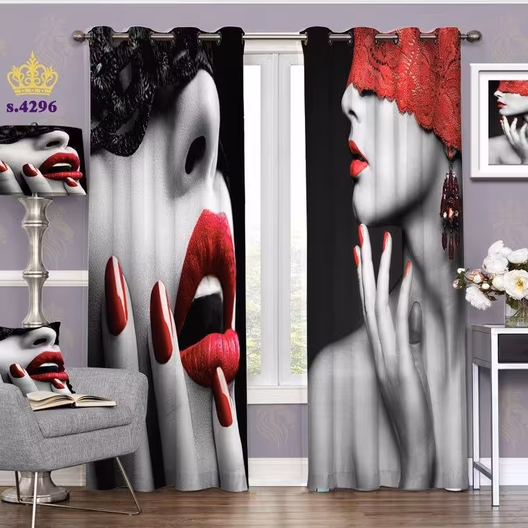 پرده پذیرایی دو قواره پانچ چهره طرح زن نقابدار کد S4296