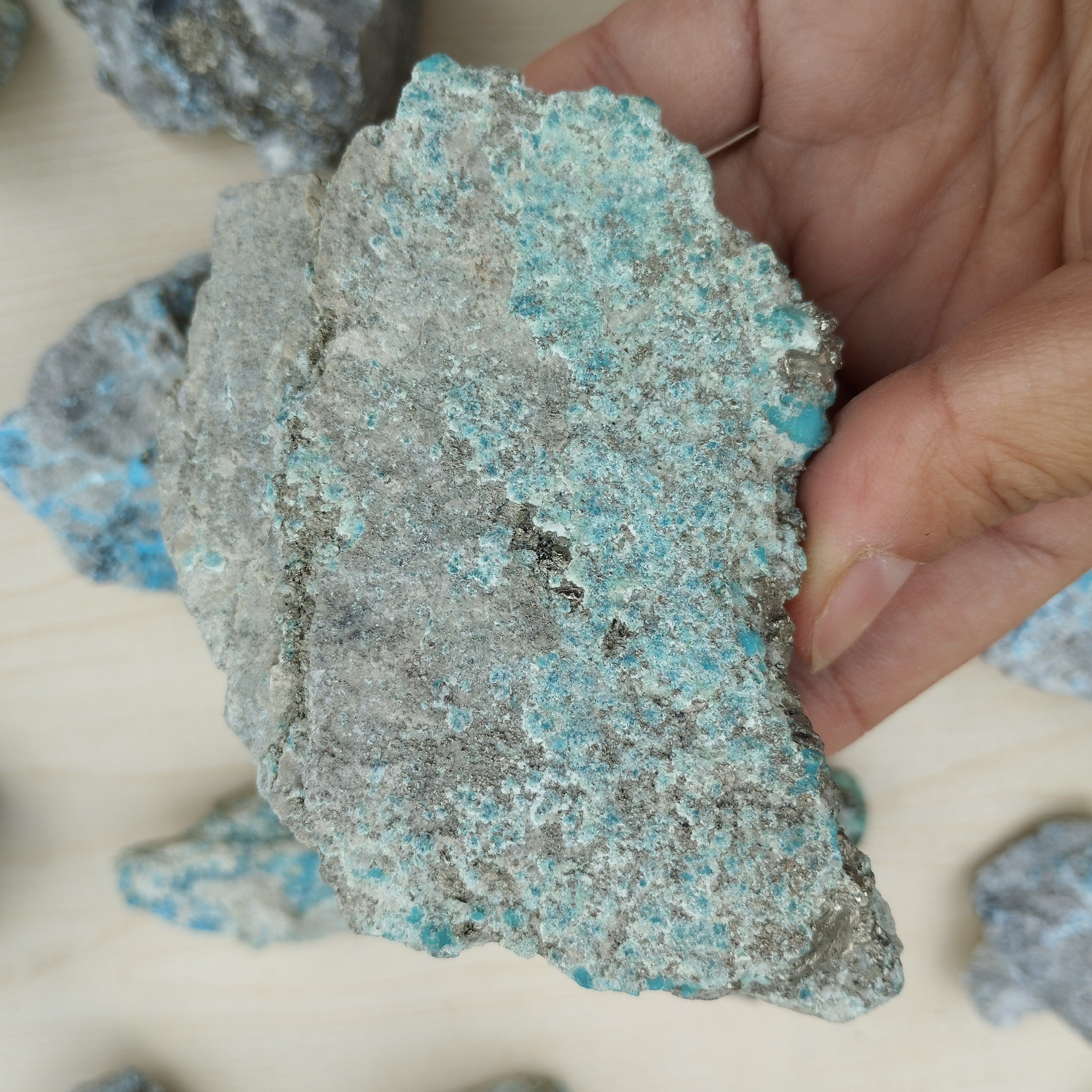 سنگ راف فیروزه با پیریت طلایی معدنی و اصل با رنگ کاملا طبیعی. اطراف سنگ یک نوار زیبا از سنگ فیروزه و پیریت قرار دارد