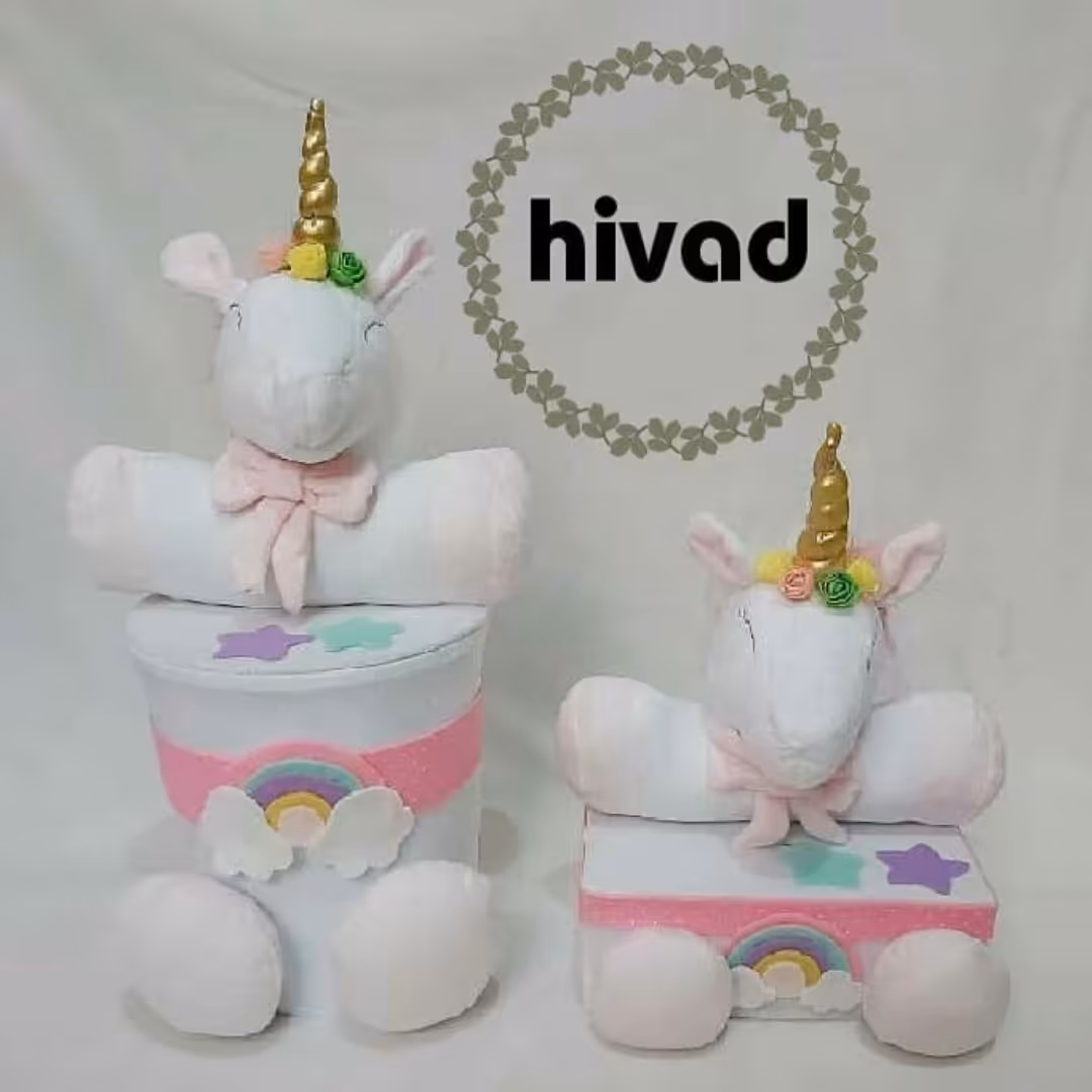 سطل و جا دستمال کاغذی عروسکی یونیکورن جنس مخمل، کاور ها کشدوزی شده