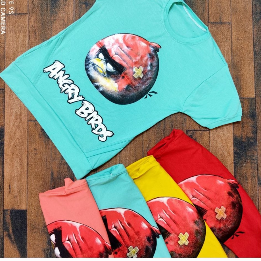 تیشرت دخترانه پسرانه انگری بردز سایز50و 55و60 جنس پنبه دورو در چند رنگ قرمز سبز گلبهی زرد