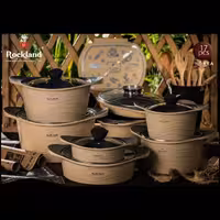 سرویس قابلمه چدن گرانیت 17 پارچه برند راکلند مدل موجی رنگ کرم