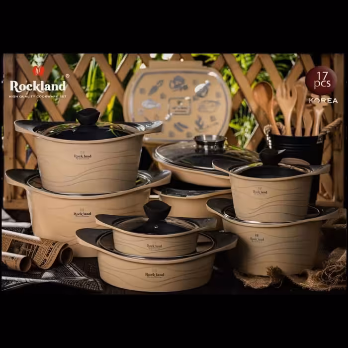 سرویس قابلمه چدن گرانیت 17 پارچه برند راکلند مدل موجی رنگ کرم