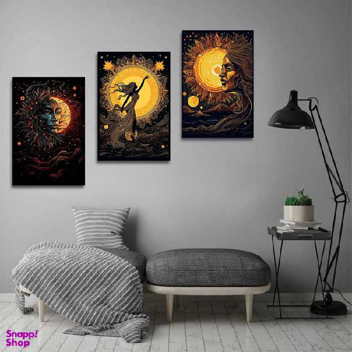 تابلو شاسی بکلیت طرح نقاشی رنگ روغن خورشید مدل SH-1374 مجموعه 3 عددی