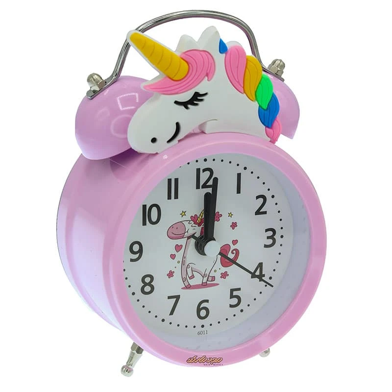 ساعت گرد رومیزی زنگ دار صورتی طرح یونی کورن