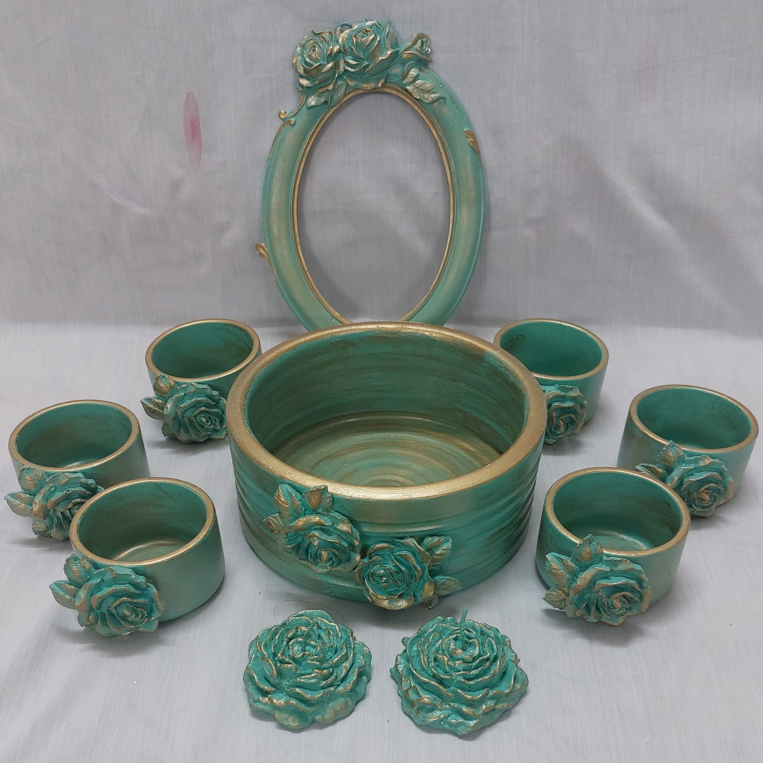 هفت سین مدل گل رز  رنگ آبی فیروزه ای و طلایی