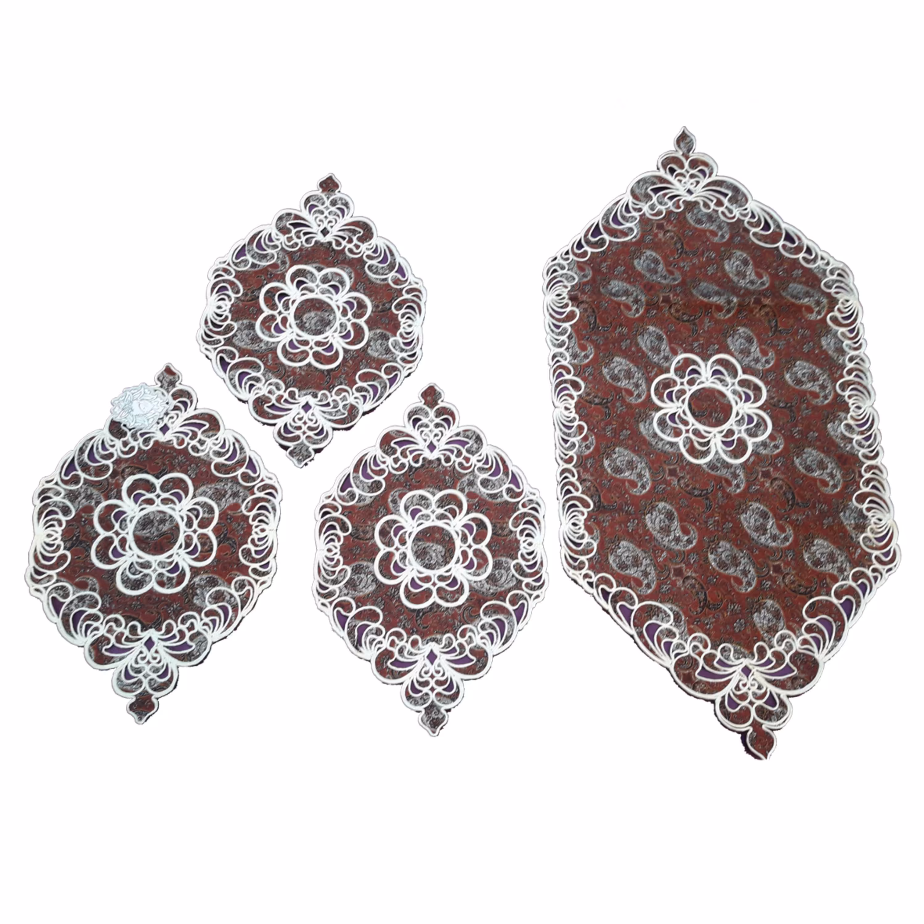 ست رومیزی 4 تکه ترمه هویه کاری زرشکی (کد40053)