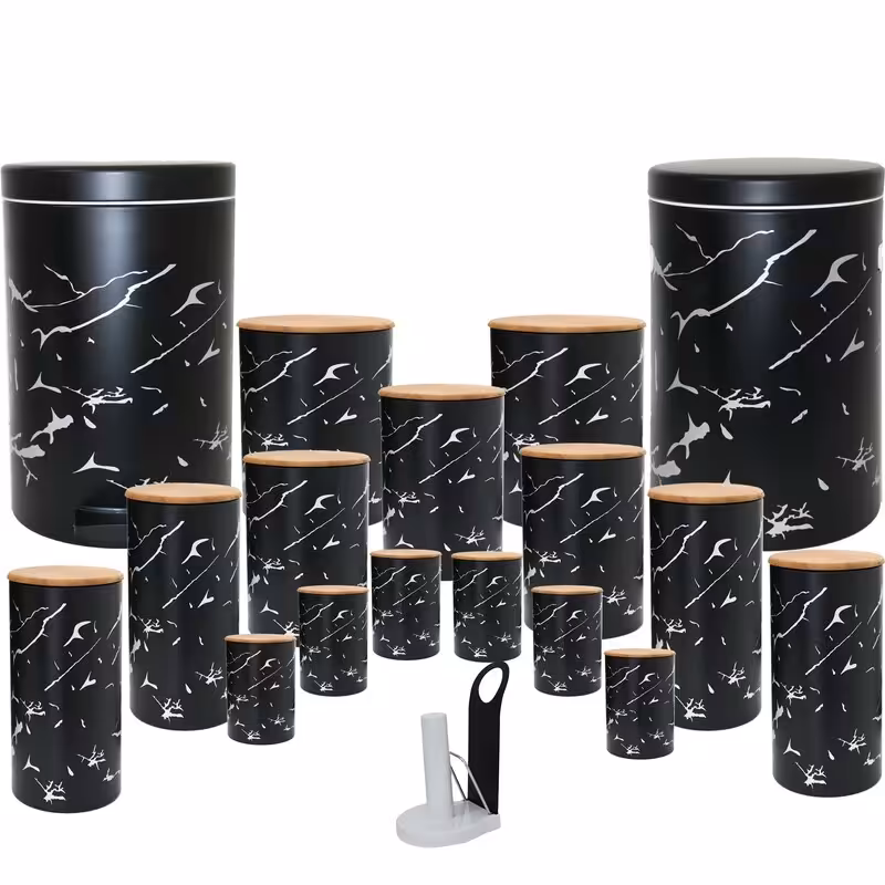 سرویس آشپزخانه 18 پارچه درچوبی طرح ماربل مشکی نقره ایی برند (MGS )