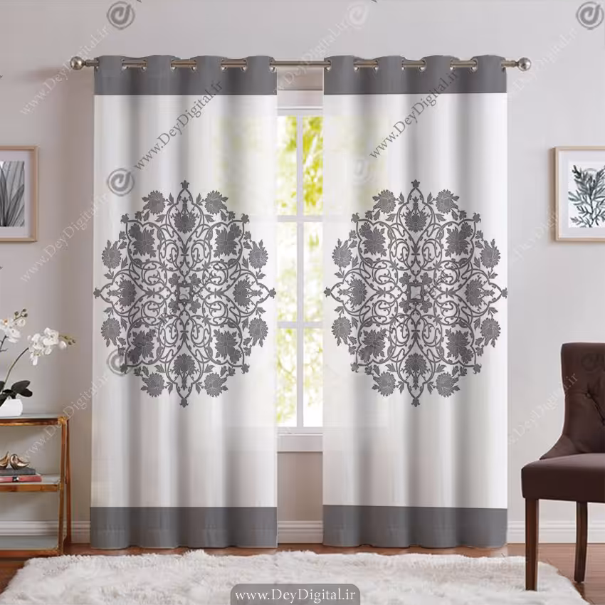 پرده پانچی طرح گل وکتوری رنگ نقره ای SA-3924