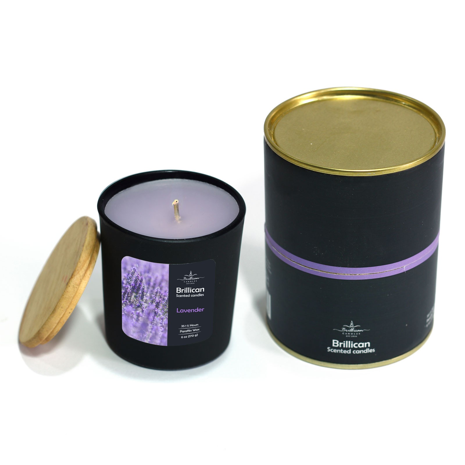 شمع جار عطری شیشه ای مشکی مات با درب چوبی - رایحه لوندر