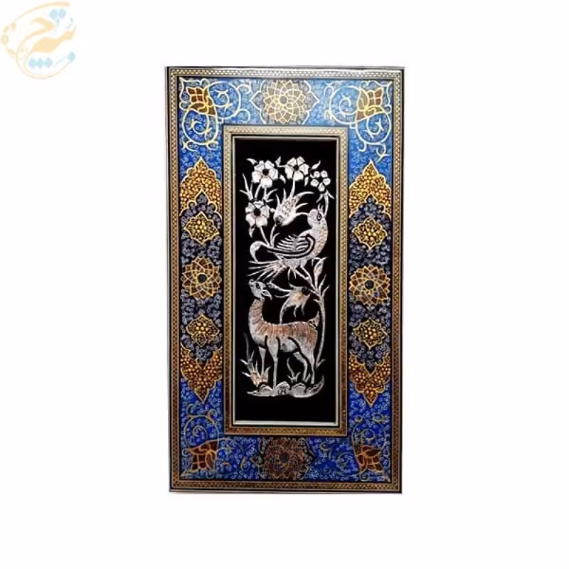 قاب دور نقاشی خاتم کاری تذهیب به همراه پلاک قلمزنی گل و مرغ  20در35