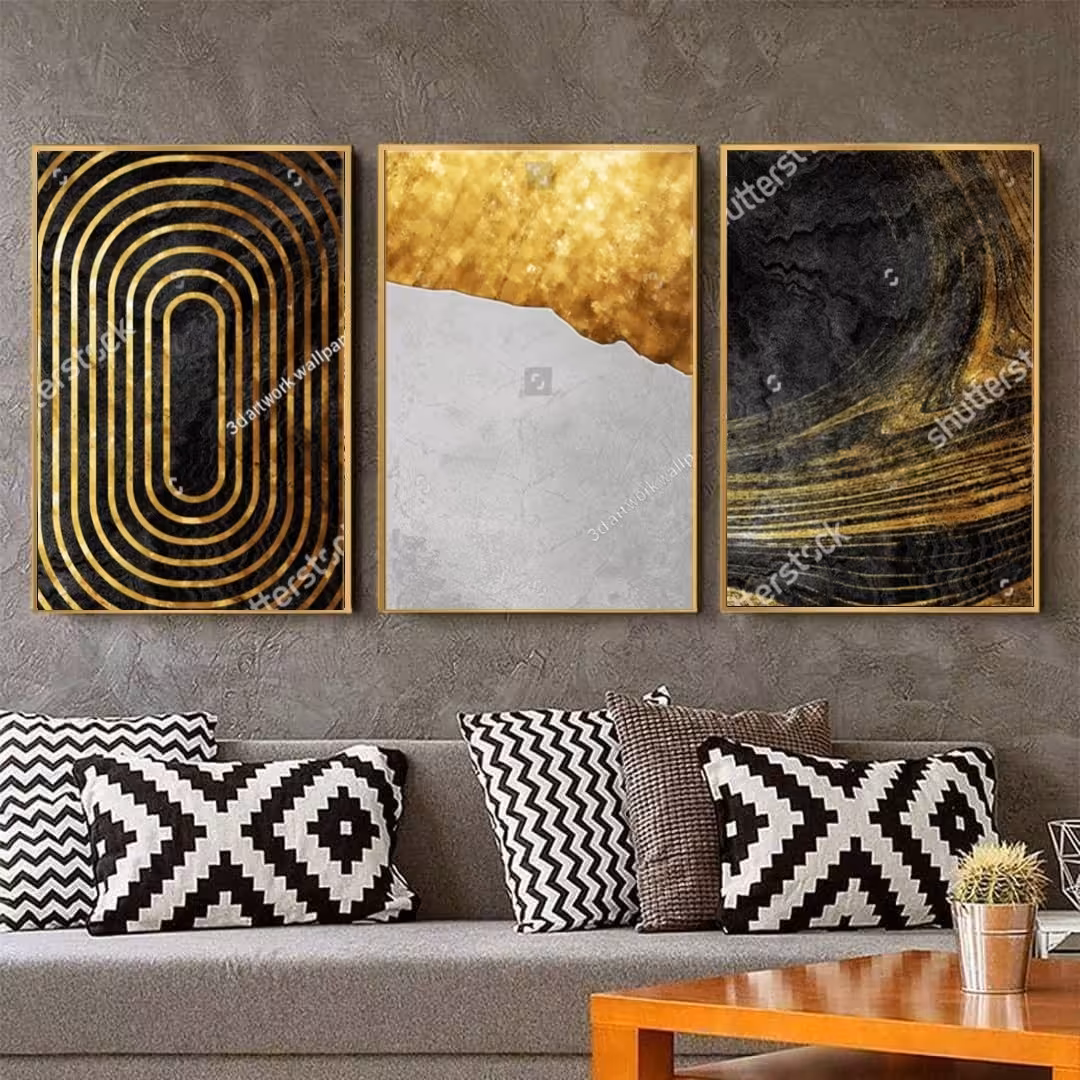 تابلو دکوراتیو لوکس ومدرن مشکی وسفید وطلایی سه تکه 