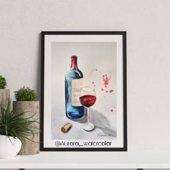 نقاشی طرح بطری و گیلاس تکنیک آبرنگ