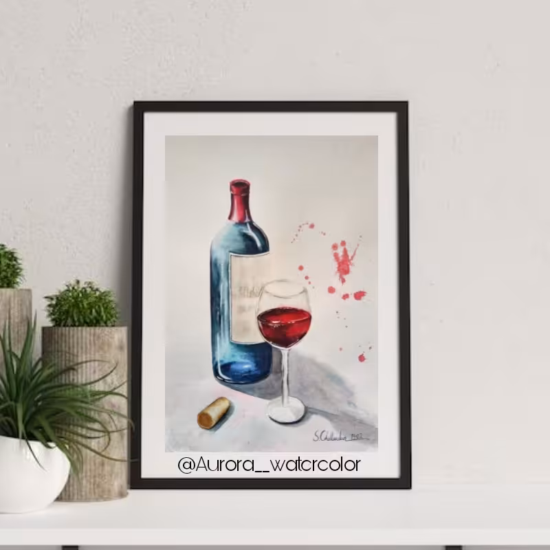 نقاشی طرح بطری و گیلاس تکنیک آبرنگ