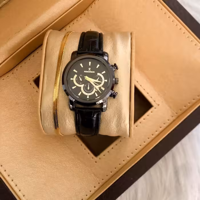 ست دستبند ماری طلایی و ساعت زنانه بند چرم مشکی صفحه مشکی مارک رومانسون 