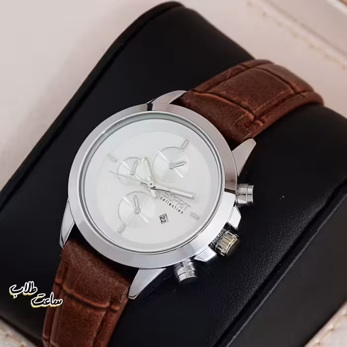 ست زنانه و مردانه طرح اسپریت بند چرم بدنه فلزی Esprit قهوه‌ای