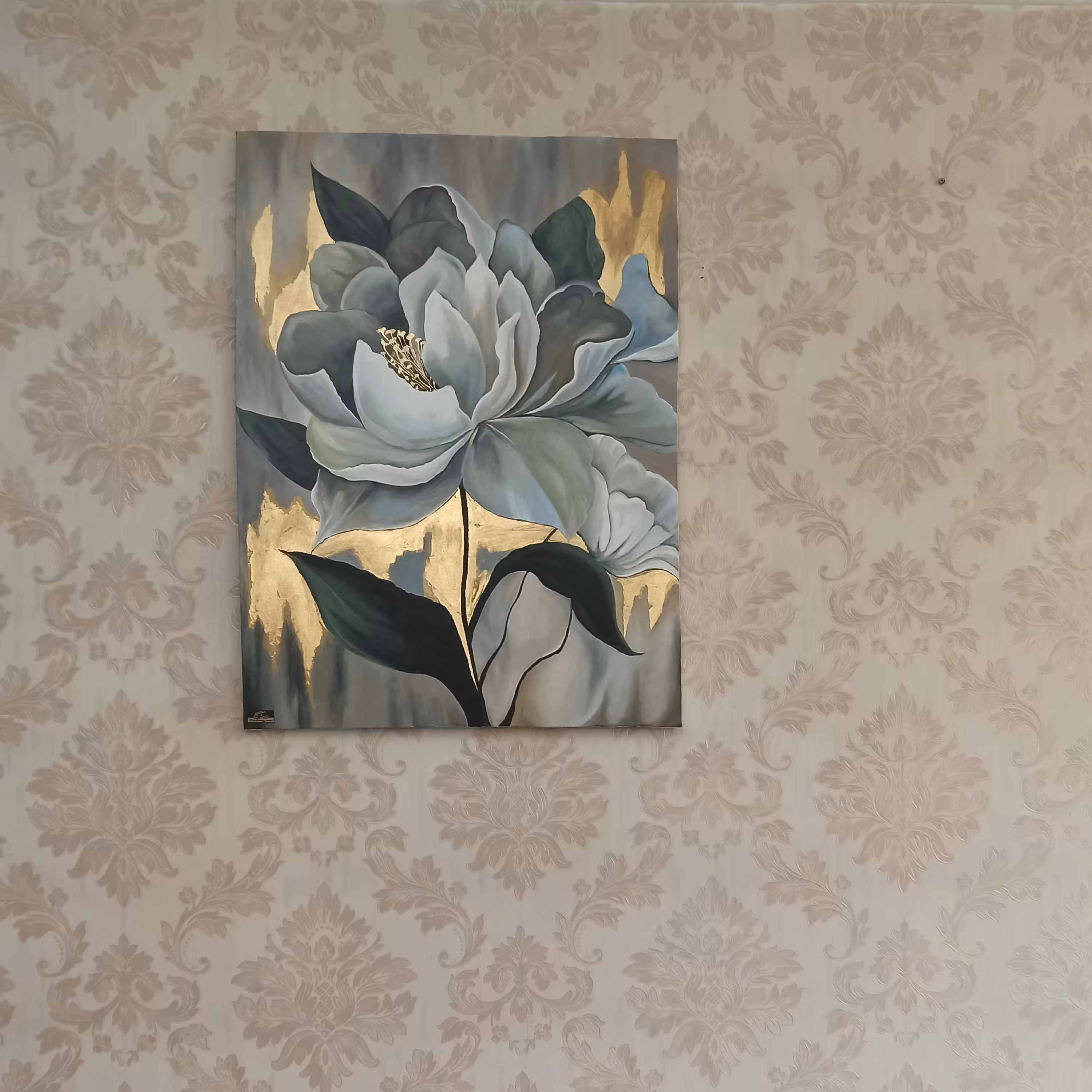 تابلو نقاشی مدرن  گل و ورق طلا  مخصوص منزل نوعروس 