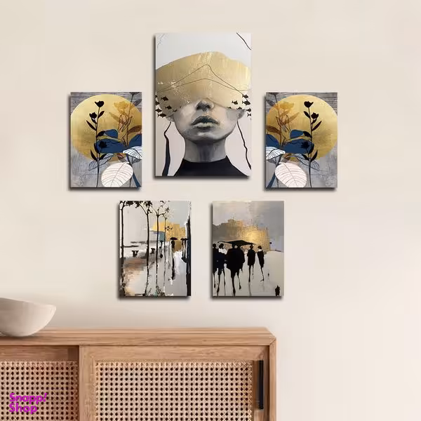 تابلو شاسی بکلیت طرح نقاشی مدرن طبیعت و چهره مدل SH-1777 مجموعه 5 عددی