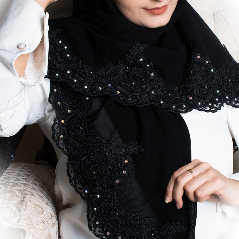 روسری مشکی مجلسی  سافاری نگین و تور