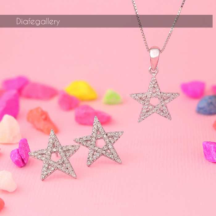 نیم ست نقره با زنجیر مدل ستاره ای طرح جواهر نقره ایتالیا عیار 925 با فاکتور 