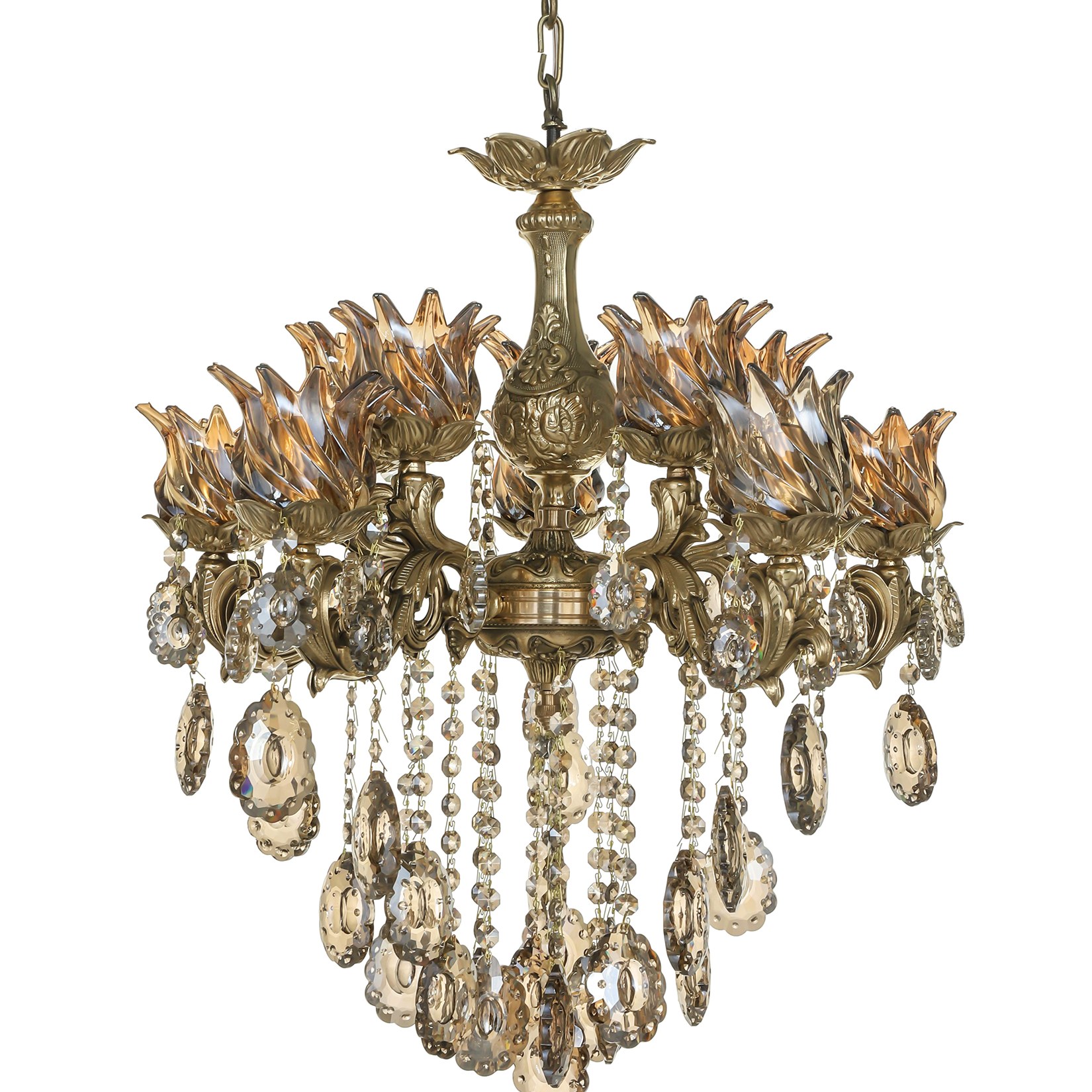 لوستر 10 شعله کلاسیک برنزی شاهان کد 8036 جنس برنز گارانتی 3 ساله 