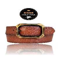 کمربند چند رنگ زنانه جین 100% چرم اصل قهوه ای با سگک برس طلایی افسانه 4 سانتی متر GoDeri