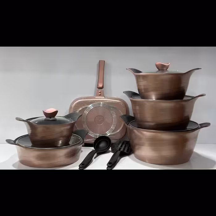 
سرویس قابلمه16پارچه داخل و رویه گرانیت کیفیت عالی ، مارک سانرایس رنگ رزگلد 