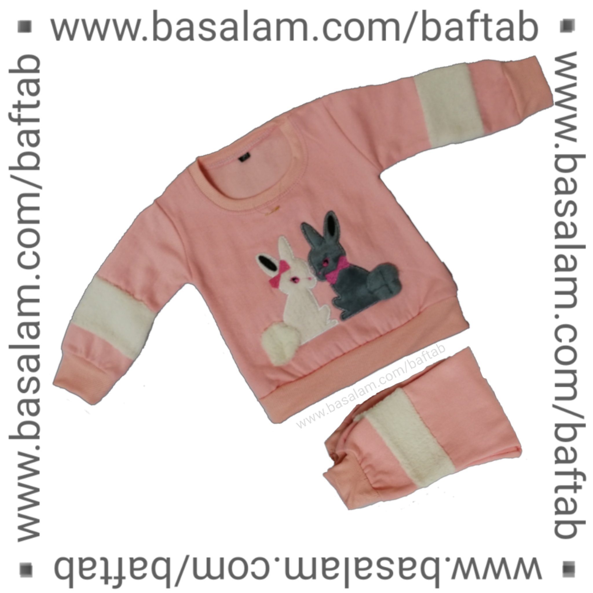 بلوز شلوار بچگانه، دخترانه/پسرانه، طرح خرگوش، سایز 30، داخل کرک، رنگ صورتی