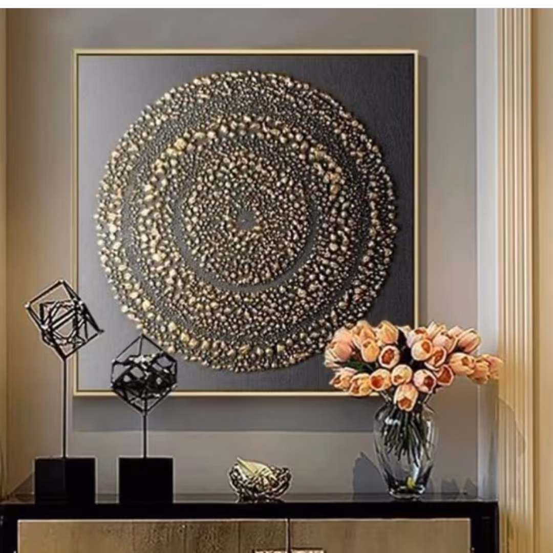 تابلو مدرن و دکوراتیو برجسته مشکی طلایی با قاب طلایی