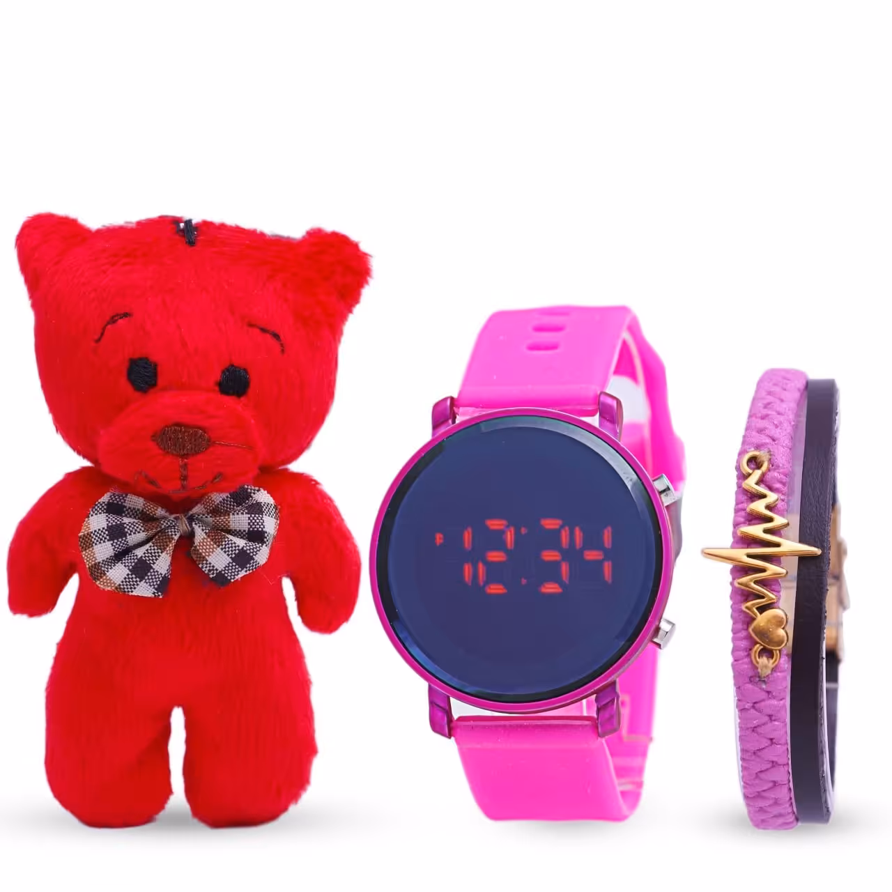 پک هدیه اسپرت مدل 687 دارای ساعت IED دستبند چرمی و عروسک خرسی قرمز