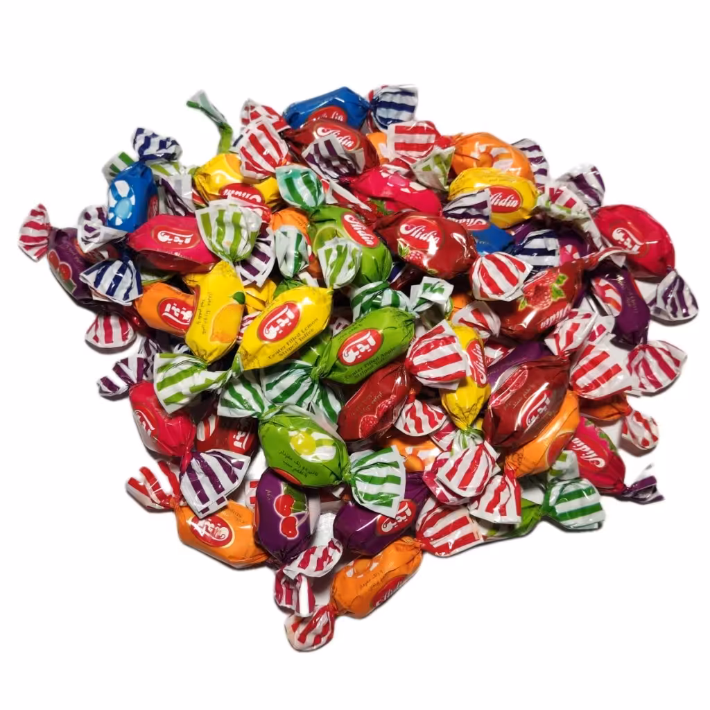 تافی میوه ای دو رنگ مغزدار آیدین در بسته‌بندی های 1000 گرمی سلفونی 