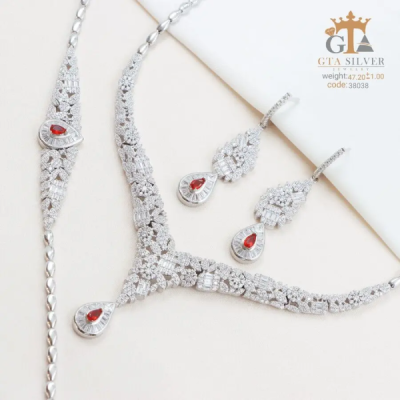 سرویس زنانه نقره مدل قالب طلا با نگین ریز یاقوت اشکی کد 38038