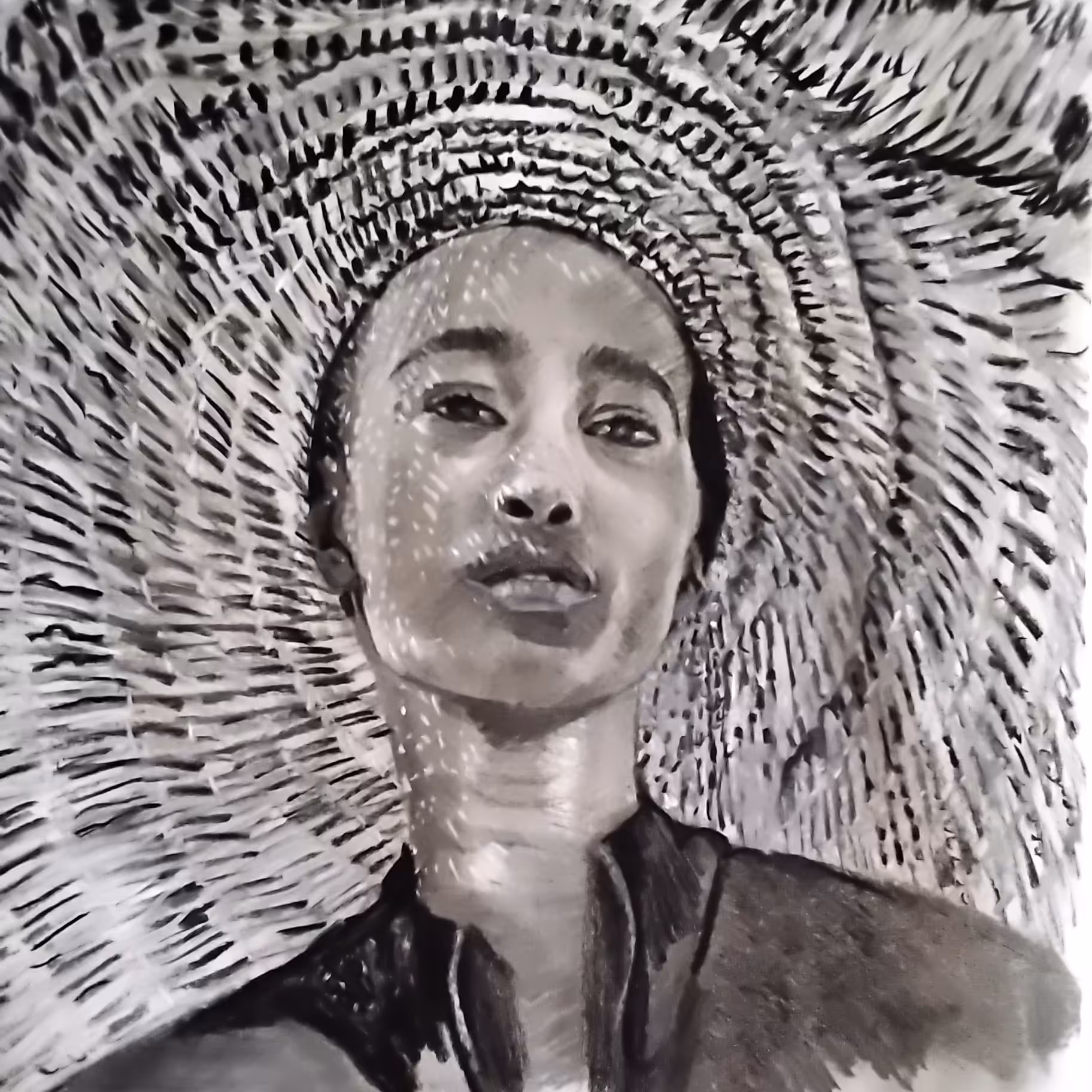 کار با زغال، روی کاغذ کاهی کار شده، سایز کاغذ 30 در 42، ارسال با قاب چوبی سفید رنگ (قاب شیشه ای) که  با قاب 40 در 52 هست