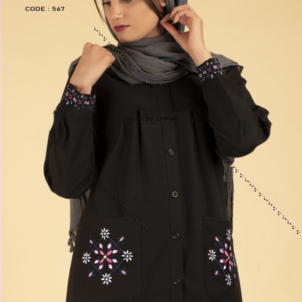 مانتو تک گلدوزی شده دکمه دار رنگ مشکی رسال رایگان