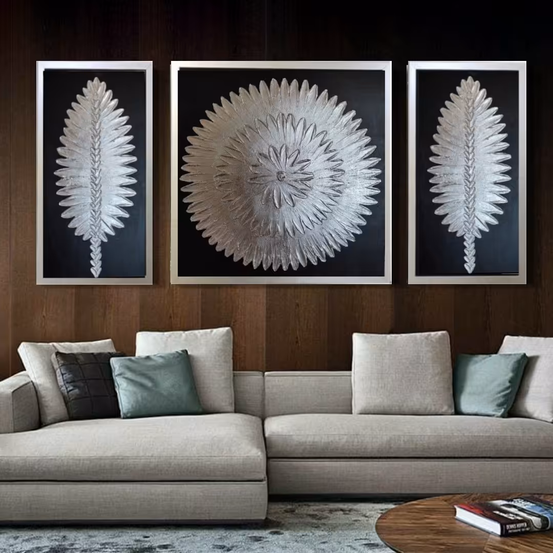 تابلو برجسته سه تیکه گل و خورشید کار شده با ورق نقره ابعاد 120در 60