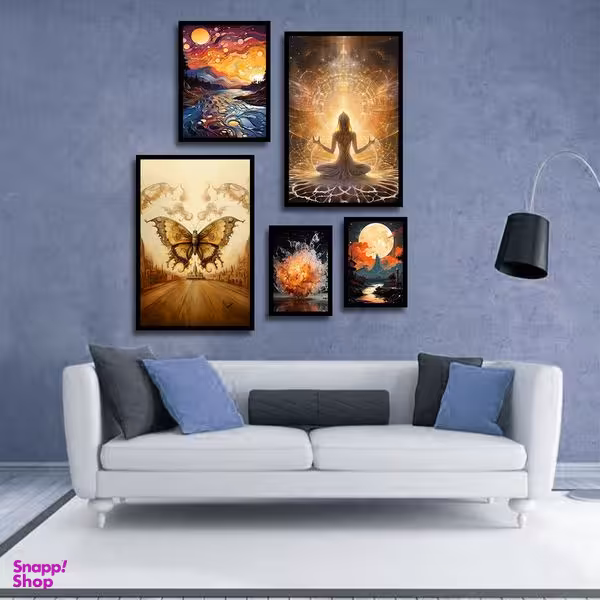 تابلو بکلیت طرح نقاشی دکوراتیو غروب و پروانه مدل B-1352 مجموعه 5 عددی