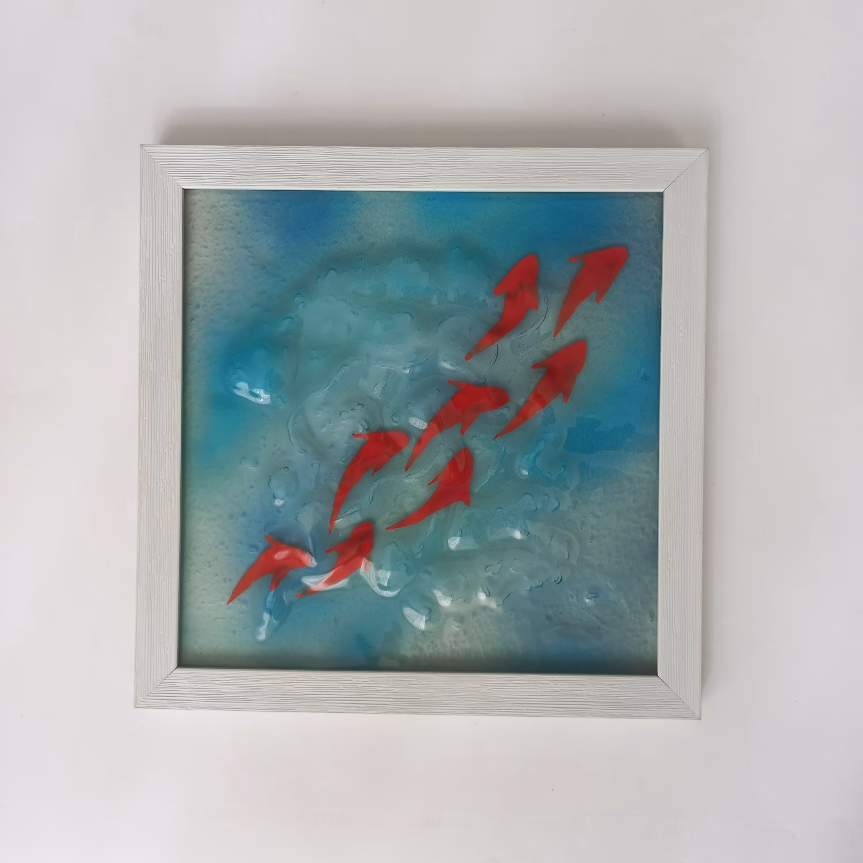 تابلو شیشه ای دستساز حوض ماهی سایز بزرگ مربع با قاب سفید